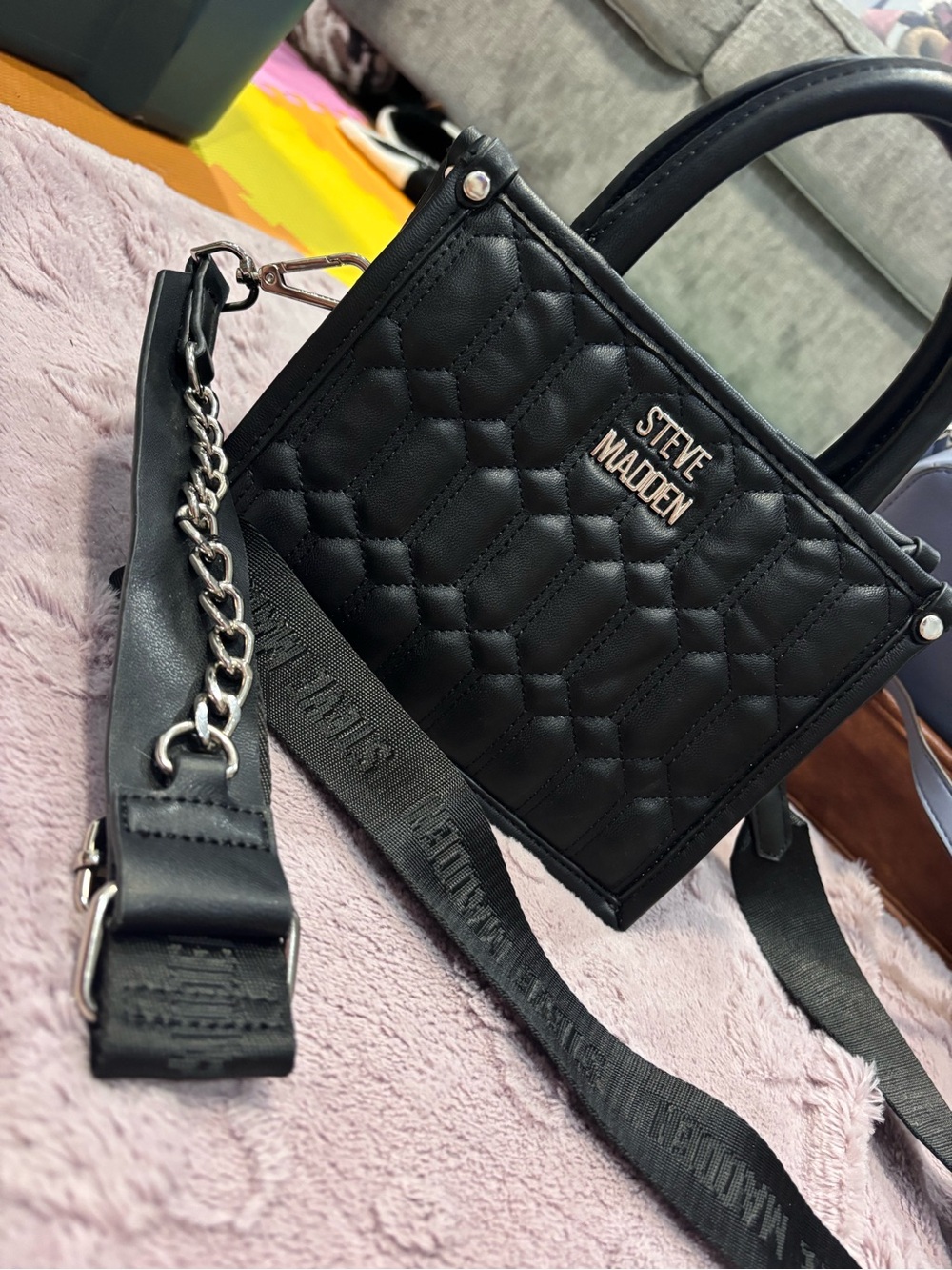 Steve Madden Black Quilted Top-Handle Satchel with Chain Strap